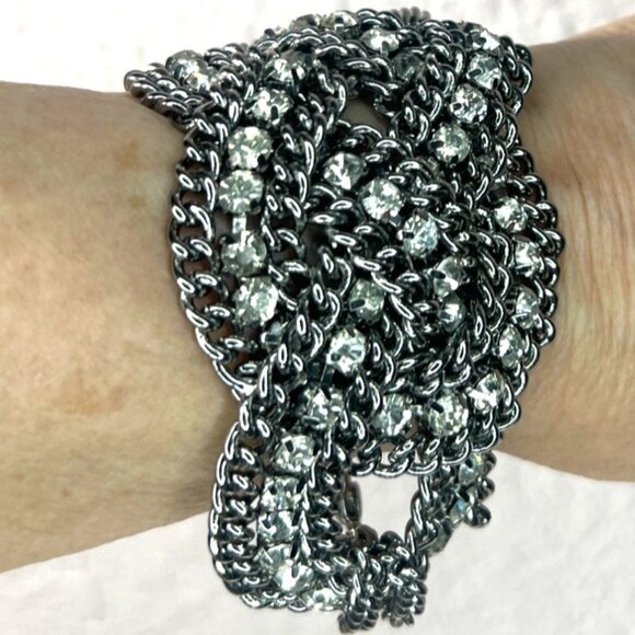 Chunky Bracelet Silver-tone Chains Rhinestones Biker Babe Stella And Dot Petra - Picture 3 of 11